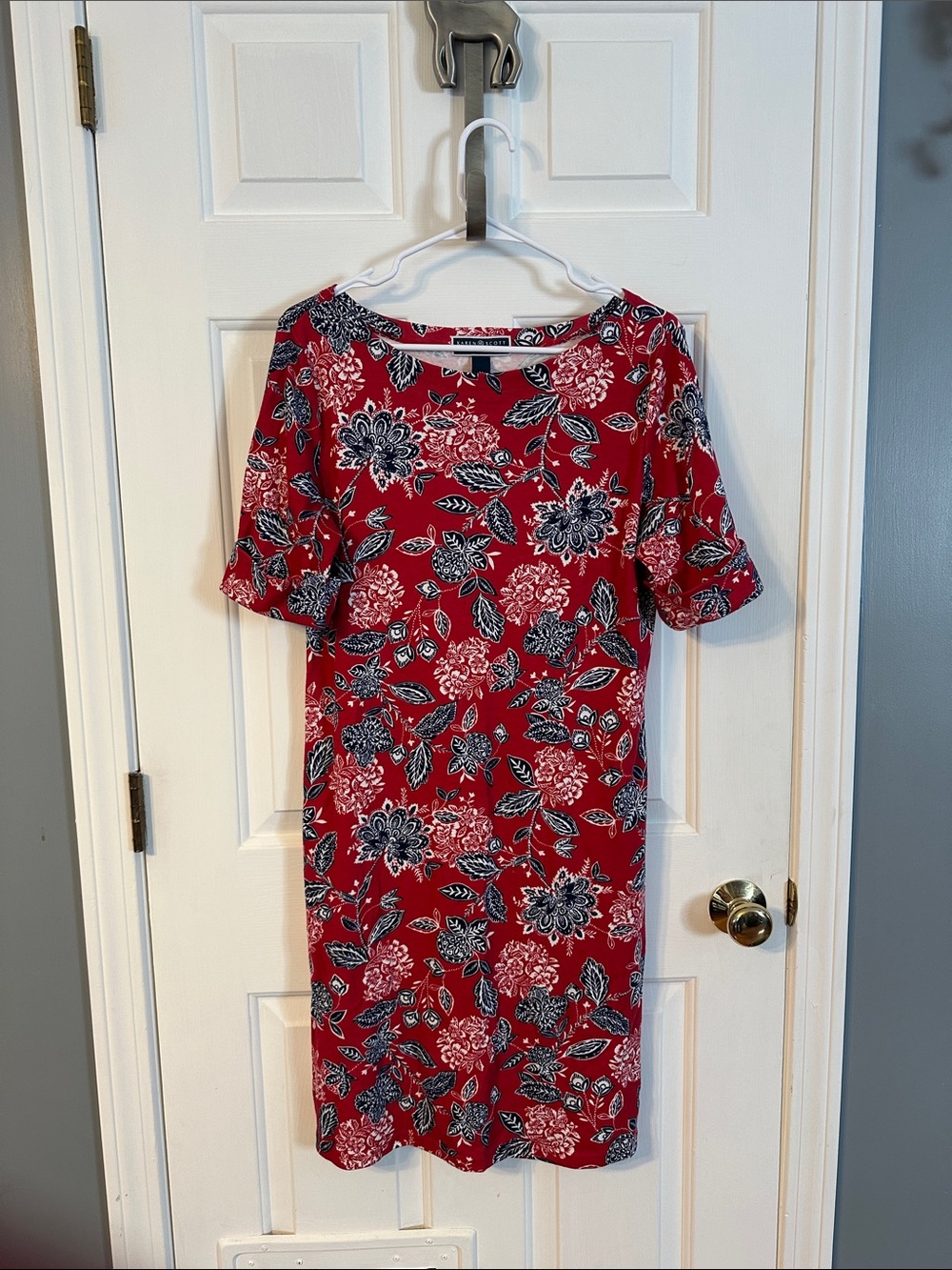 Karen Scott Red Floral Midi Dress with Navy and White Accents